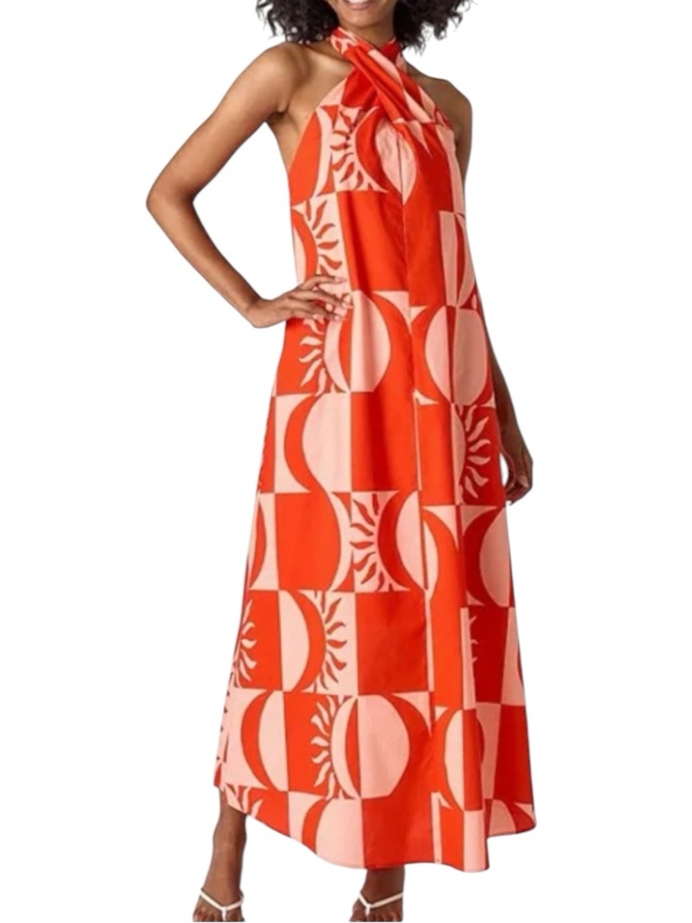 CROSBY by Mollie Burch Cleo Halter Maxi Dress Orange Coral Sun Print NWT Large